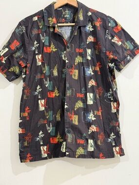 Folk Black Short-Sleeve Button-Down with Multicolor Botanical Blocks